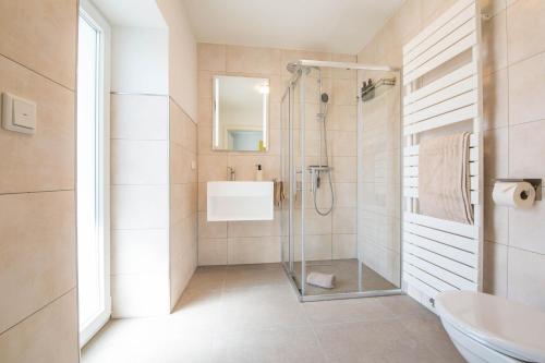 Un baño con ducha, inodoro y lavabo. en Luxury Zweibrücken 1, en Zweibrücken
