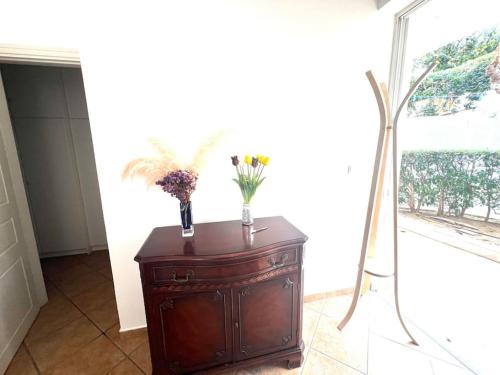 a wooden cabinet with flowers in a room with a window at Whole flat 95 sq m by the sea close to airport with garden in Agios Spyridon