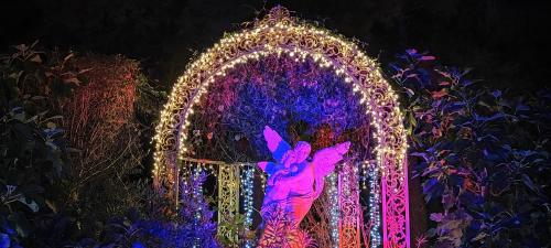 a christmas light display with a statue in front of a gate at Refugio madera estilo árabe con estatuas, estanques y un pequeño zoo in Albacete