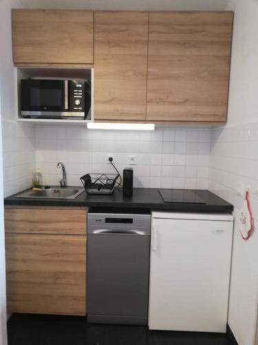 une petite cuisine avec un évier et un micro-ondes dans l'établissement appartement Risoul 1850, à Risoul