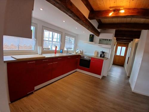a kitchen with red cabinets and a counter top at Ferienwohnung Ornela in Eggolsheim