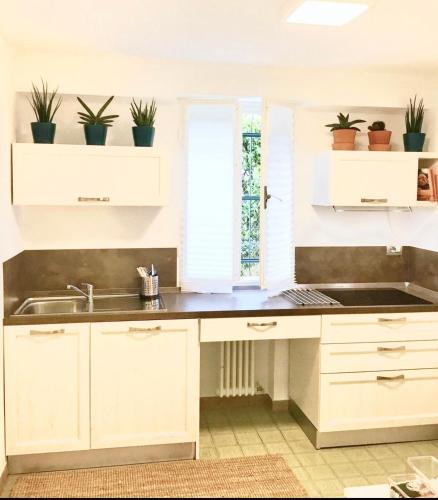 a kitchen with white cabinets and a sink and potted plants at Casa del Vigneto - NEW near VENICE - rooms+bathroom - INDEPENDENT in Spinea