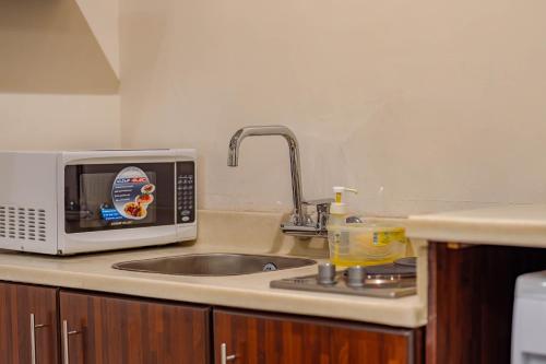 a kitchen counter with a sink and a microwave at مسكن نال in Abha