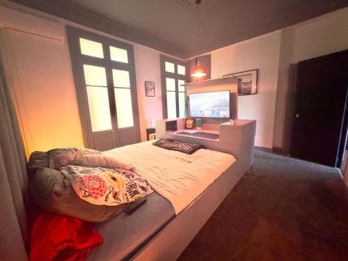 une chambre avec un grand lit et une télévision dans l'établissement Grand appartement hyper-centre, à Narbonne