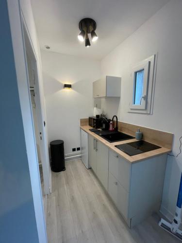 une cuisine avec un évier et un plan de travail dans l'établissement Maisonnette de Senlis, à Senlis