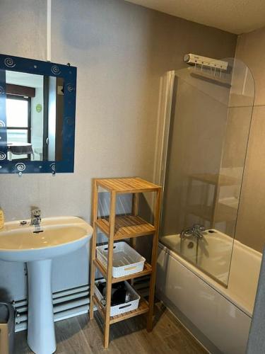 une salle de bain avec un lavabo et une douche dans l'établissement Appartement pla d'adet aux pieds des pistes, à Cadeilhan-Trachère