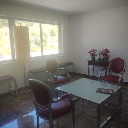 a waiting room with chairs and a table and windows at Hostal los Rosales in Almázcara