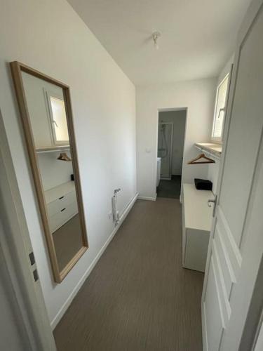 un couloir avec un grand miroir et une salle de bains. dans l'établissement Charmant appartement Près de la Gare, à Saint-Quentin