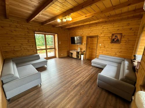 a living room with couches and a tv in a room at Ranczo Mokre in Łopuszno