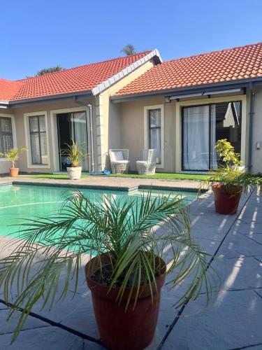 a house with potted plants next to a swimming pool at 17 Byvanger Luxury Home Deluxe King Suite Room 3 in Centurion