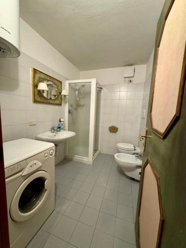 a bathroom with a toilet sink and a washing machine at Brici's House 69 - Mountain Apartment Tonale in Passo del Tonale