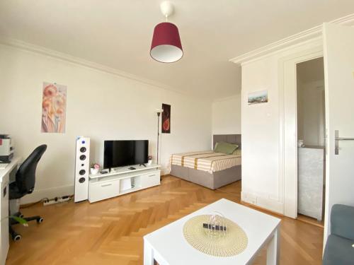 a living room with a table and a tv at Studio charmant centré à Lausanne in Lausanne