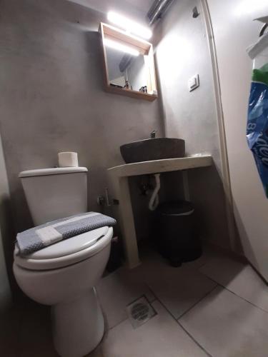 a bathroom with a white toilet and a sink at ΚΥΘΝΟΣ ΡΟΜΑΝΤΖΑ δωματιο 5 in Mérikhas
