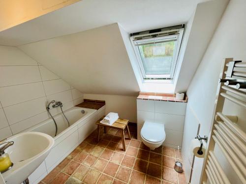 a bathroom with a toilet and a sink and a tub at Pension Försterhof in Angermünde