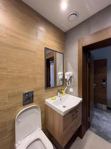 a bathroom with a toilet and a sink and a mirror at Compass Travel in Kuygenzhar