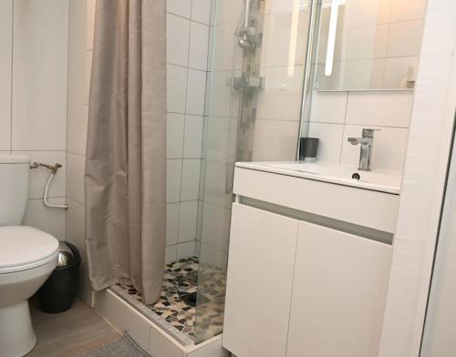 une salle de bain avec une douche, un lavabo et des toilettes dans l'établissement Charmant studio cabine avec parking, à Fréjus