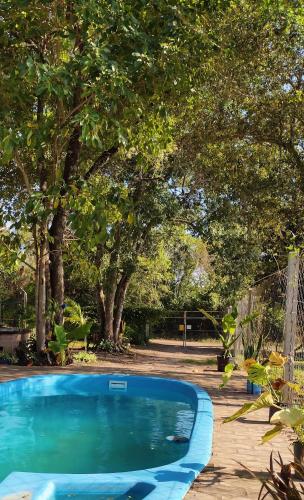a blue swimming pool with trees in the background at Cabañas Carayá in Paso de la Patria