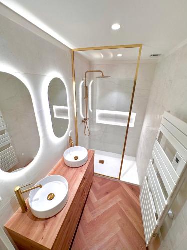 une salle de bain avec deux lavabos et une douche dans l'établissement Appartement au cœur de Toulouse, à Toulouse