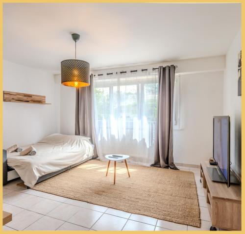 a bedroom with a bed and a table and a tv at Le Salève I Studio I Etrembières in Monnetier-Mornex
