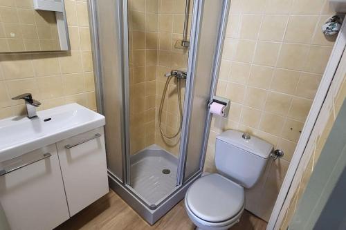 une salle de bain avec une douche, des toilettes et un lavabo dans l'établissement studio situé entre port et plage, à Les Sables-dʼOlonne
