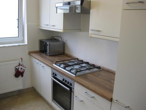 a kitchen with a stove and a microwave at Ferienwohnungen Familie Böckmann in Berlin