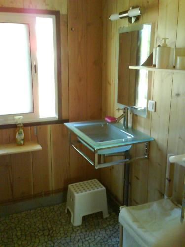 une salle de bain avec un lavabo et un miroir dans l'établissement Maison quatre voyageurs, à Maubuisson