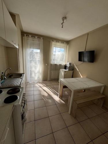 NiederrodenbachにあるSunrise Monteur Apartmentのコンロとテーブルのあるキッチン
