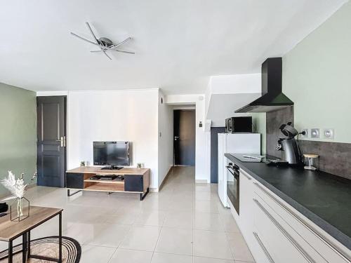 une cuisine avec un comptoir et un salon dans l'établissement Évasion Verte - Jardin & Confort, à Dunkerque