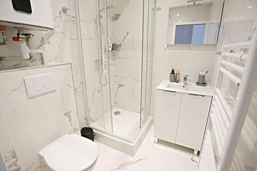 une salle de bain blanche avec douche et toilettes dans l'établissement Stylish Two-Bedroom Apartment in Saint-Germain, à Paris