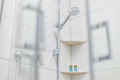 a shower in a bathroom with a shower head at Hotel zur Traube in Uffenheim