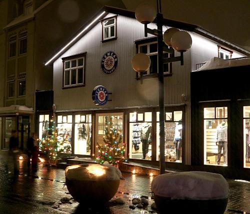 a building with a christmas tree in front of it at Acco Ice Apartments in Akureyri