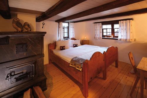 a bedroom with a bed and a fireplace at Chalets Casa da Luzi in Surcasti