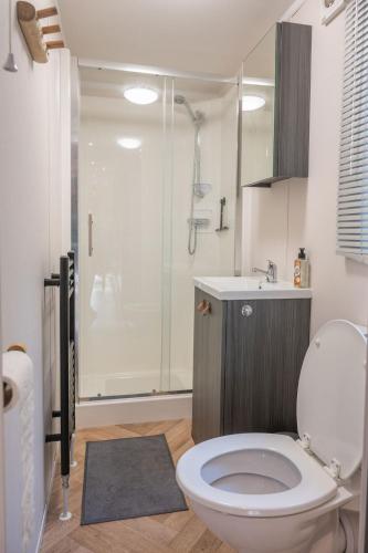ein Badezimmer mit weißer Toilette und Dusche in der Unterkunft Forest Finest, luxe chalet met HOT TUB mooie overkapping en prachtige tuin met veel privacy in Hoenderloo