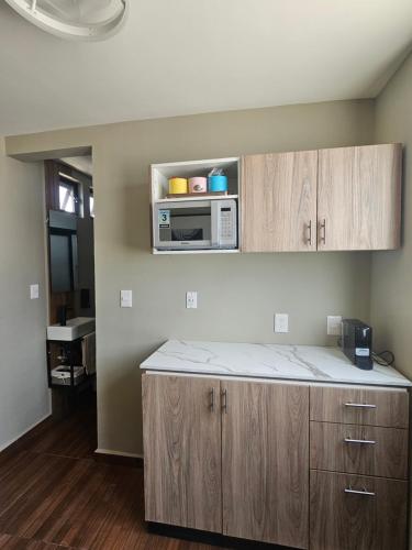 a kitchen with wooden cabinets and a microwave at Roof Loft Cerca de Poliforum in León