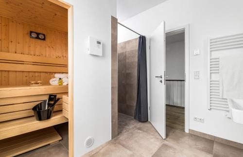 a bathroom with a walk in shower and a mirror at Ferienhaus Donnerkeil Fehmarn in Fehmarn