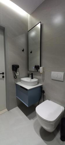 a bathroom with a toilet and a sink and a mirror at Galeria's Rooms, Central Tirana, Self Check-In in Tirana