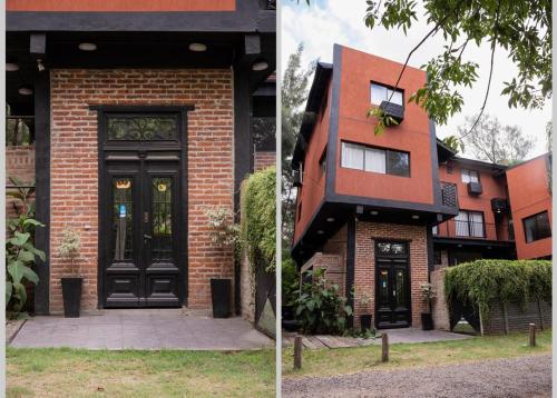 two pictures of a brick building with a black door at Monica’s Apartments in Canning
