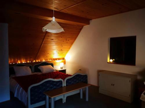 Ski Cottage في Semič: غرفة نوم بسرير وطاولة ومصباح