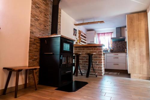 a kitchen with a black stove in a room at Wellness hiša Jelenov Grič in Mala Nedelja