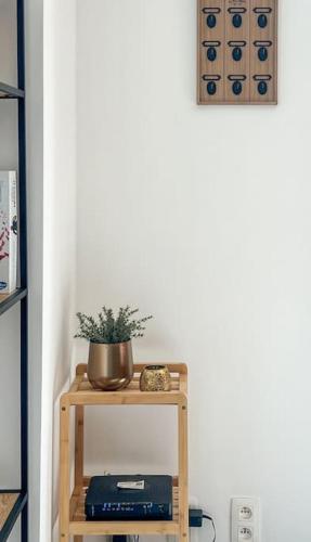 a small wooden table with a potted plant on it at Charmant Logement Brugelette Proche de Pairi Daiza in Brugelette