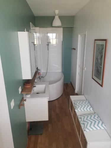 une salle de bain avec un lavabo et une baignoire dans l'établissement La Canolière - Chambre d'hôtes Camille, à Sauveterre-Saint-Denis