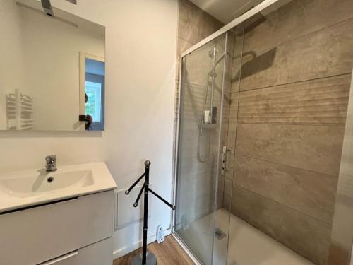 une salle de bain avec une douche en verre et un lavabo dans l'établissement T2 en plein centre de Roubaix, à Roubaix
