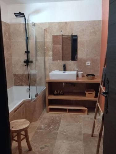 une salle de bain avec un lavabo et une douche dans l'établissement villa piscine proche des plages, à Marsillargues