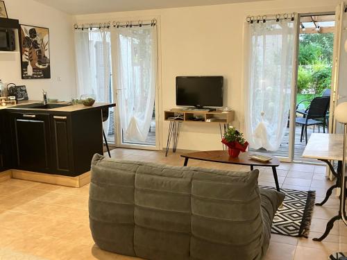 a living room with a couch and a tv at Le Studio in Commercy