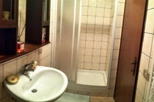 a bathroom with a sink and a shower at La Casina di Tiro in Grotte di Castro