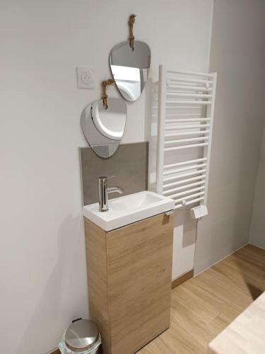 une salle de bain avec un lavabo et un miroir dans l'établissement Le petit cocon, à Pont-l'Évêque