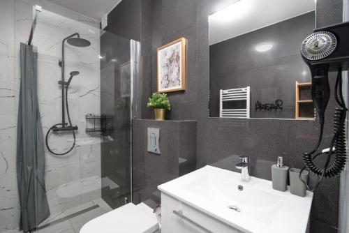 a bathroom with a shower and a toilet and a sink at JASTRZĘBIA GÓRA Rozewska 44 apartament A01 in Tupadły