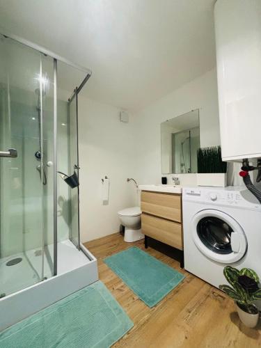 une salle de bain avec machine à laver et toilettes dans l'établissement Agréable Studio proche Aéroport de Bordeaux, à Mérignac