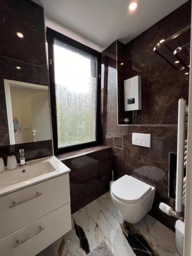 a bathroom with a toilet and a sink and a window at Schöne Mitte von Oberhausen in Oberhausen