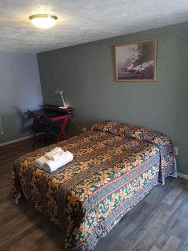 ein Hotelzimmer mit Bett und Schreibtisch in der Unterkunft Ranch Motel in Roswell